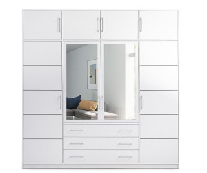 BALI 240 biała szafa uchylna z nadstawką czterodrzwiowa z lustrami i szufladami