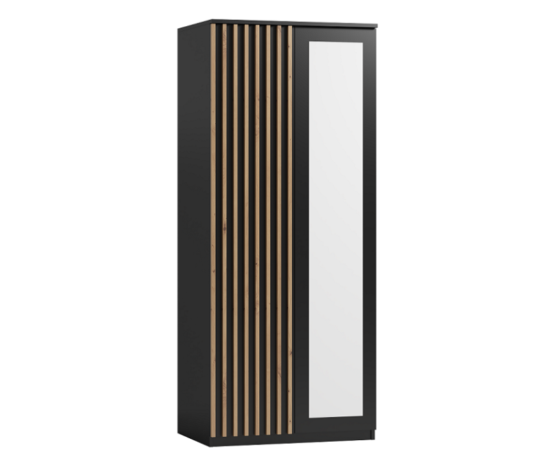 NICOLE N7 czarna szafa 84 uchylna, 2-drzwiowa z lustrem i lamelami w kolorze artisan