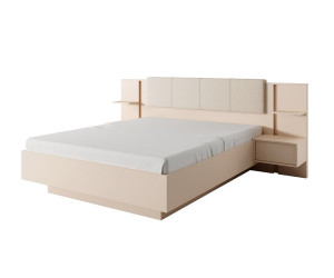 SKIVE beżowe łóżko 160x200 z tapicerowanym zagłowiem, pojemnikiem, stelażem pod materac oraz szafkami nocnymi do sypialni