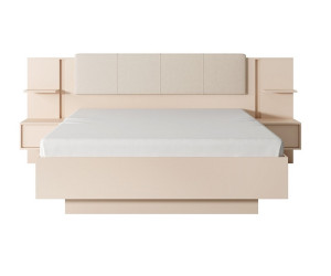 SKIVE beżowe łóżko 160x200 z tapicerowanym zagłowiem, pojemnikiem, stelażem metalowym oraz szafkami nocnymi do sypialni