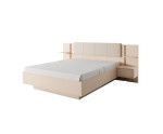 SKIVE beżowe łóżko 160x200 z tapicerowanym zagłowiem, pojemnikiem, oświetleniem LED oraz szafkami nocnymi do sypialni