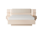SKIVE beżowe łóżko 160x200 z tapicerowanym zagłowiem, pojemnikiem, oświetleniem LED oraz szafkami nocnymi do sypialni