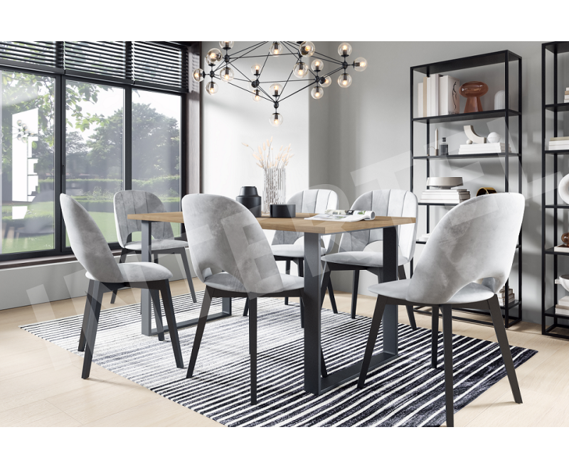 Zestaw stół prostokątny rozkładany MODERN M6 80x150-190 kraft złoty i 6 krzeseł tapicerowanych jasny szary MODERN M21