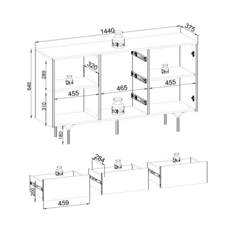 KLOE 02 duża komoda 144 do salonu 2-drzwiowa z szufladami, czarny grafit , front 3D