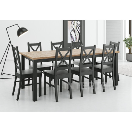 Zestaw 8 osobowy do jadalni: stół SZTOKHOLM 90x200-300 i drewniane czarne krzesła SKANDI