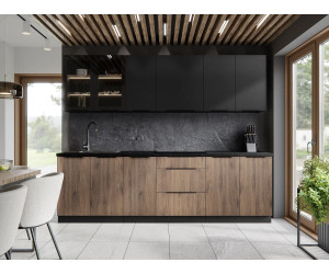 NORIS - VELO elegancka kuchnia 260 cm czarny mat + orzech okapi