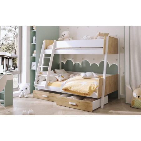 KELLY młodzieżowe łóżko piętrowe z szufladami + drabinka biały / dąb shetland