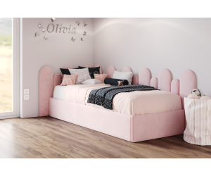 DIEGO SM 02 łóżko tapicerowane 90x200 z panelem tapicerowanyn PŁOTEK 25x80 i 15x68 cm, z pojemnikiem i stelażem metalowym