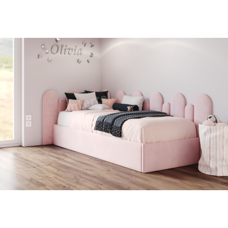 DIEGO SM 02 łóżko tapicerowane 90x200 z panelem tapicerowanyn PŁOTEK 25x80 i 15x68 cm, z pojemnikiem i stelażem metalowym